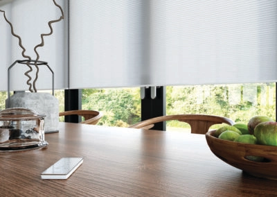 blinds on the back of a wooden dining table