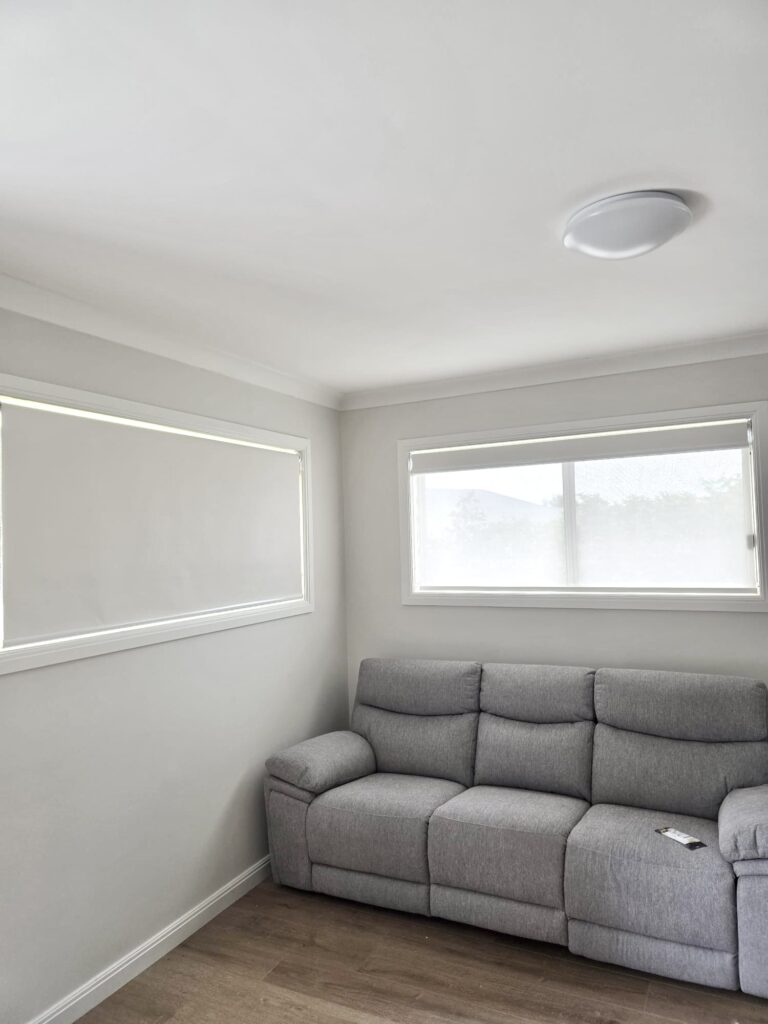 Double roller blinds in a lounge room, one blockout down and one sunscreen down