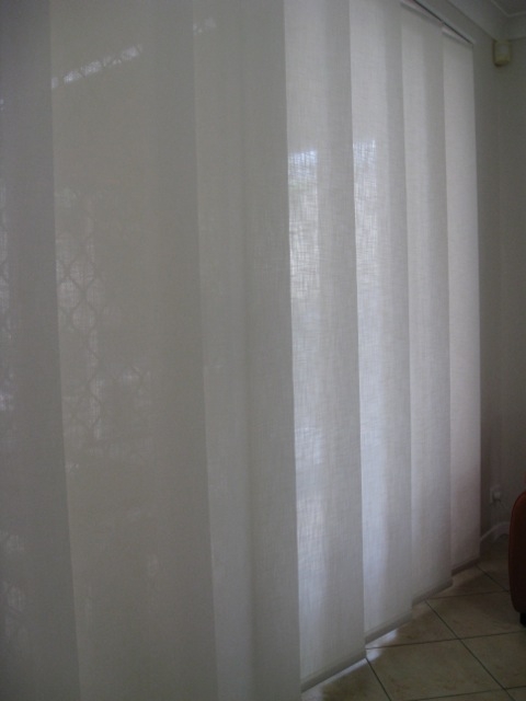 White light filtering panel glide blinds on a sliding door