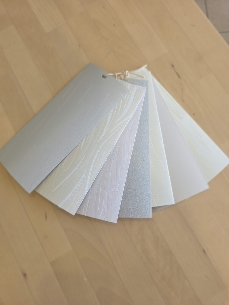 Fan of PVC vertical blind colour and texture samples